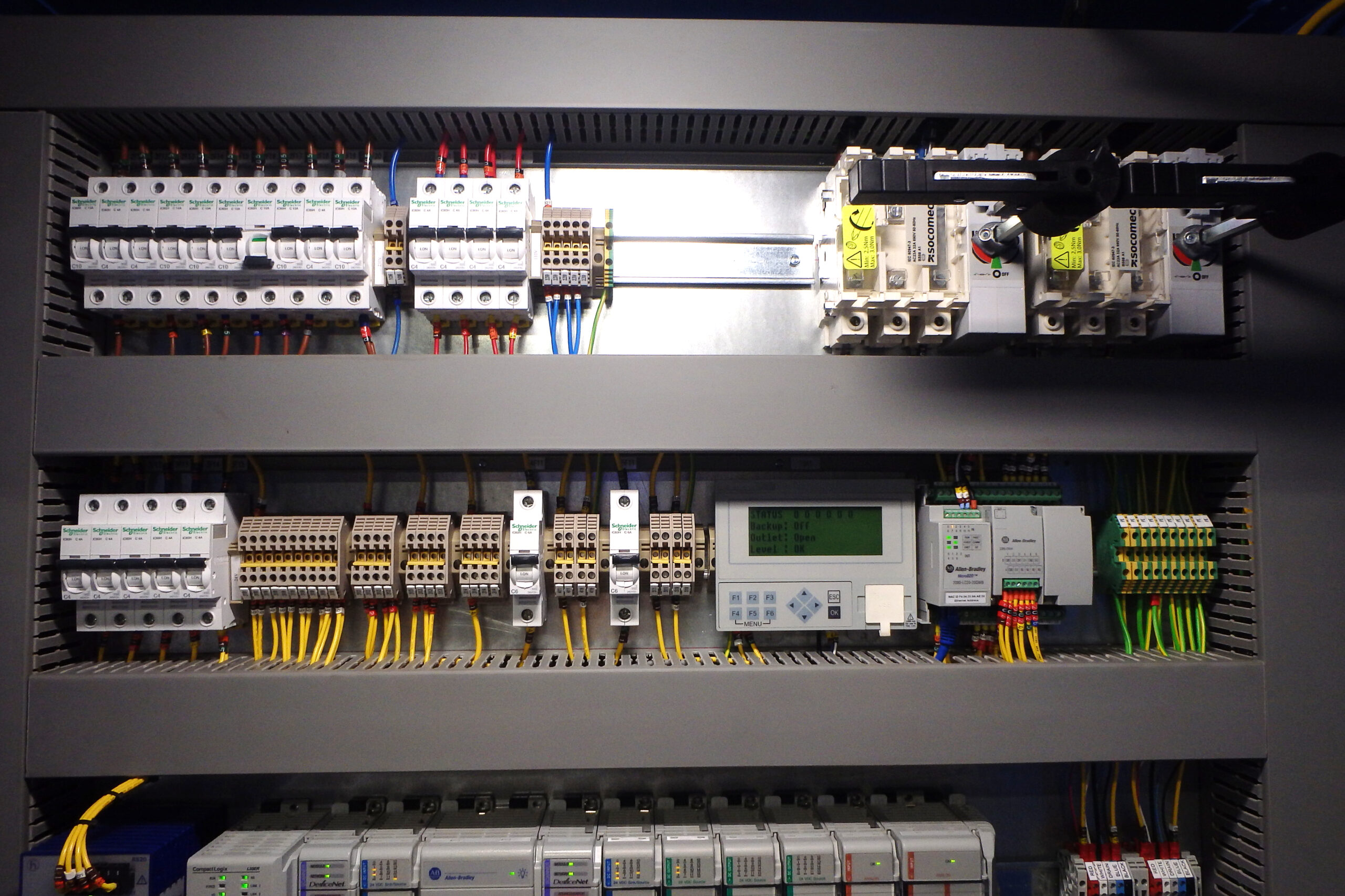 Inside a control panel: PLC rack, terminals and field wiring